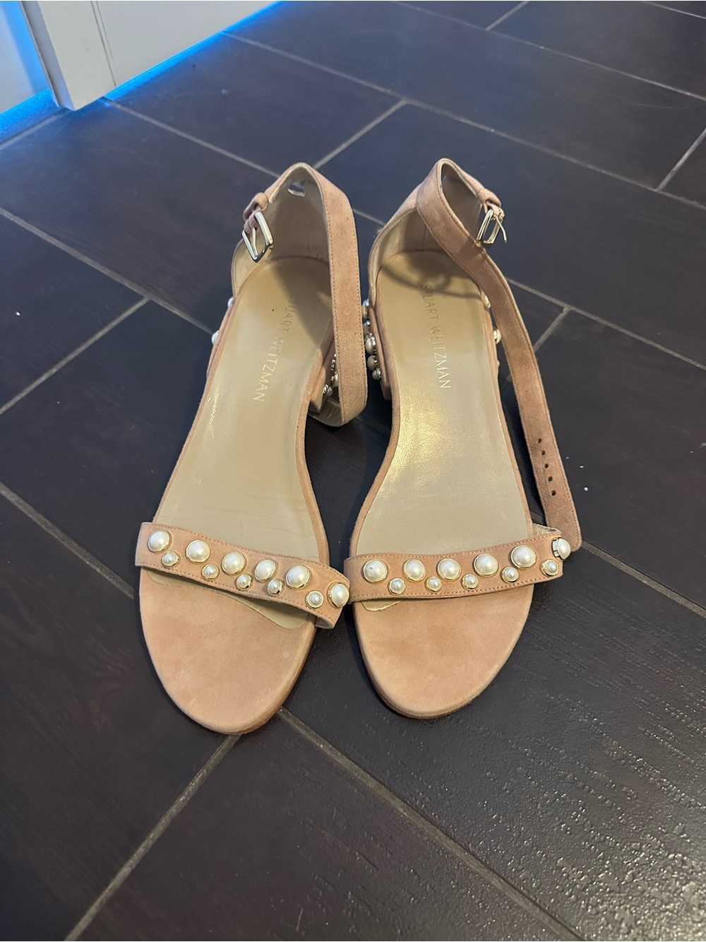 Stuart Weitzman Pearl-Trim Suede Ankle-Strap Sandals in Blush Tan